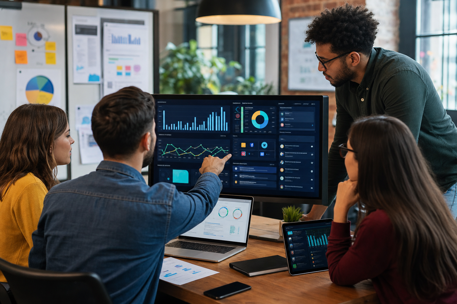Marketing analysts planning SEO, content, and paid campaigns on dashboard