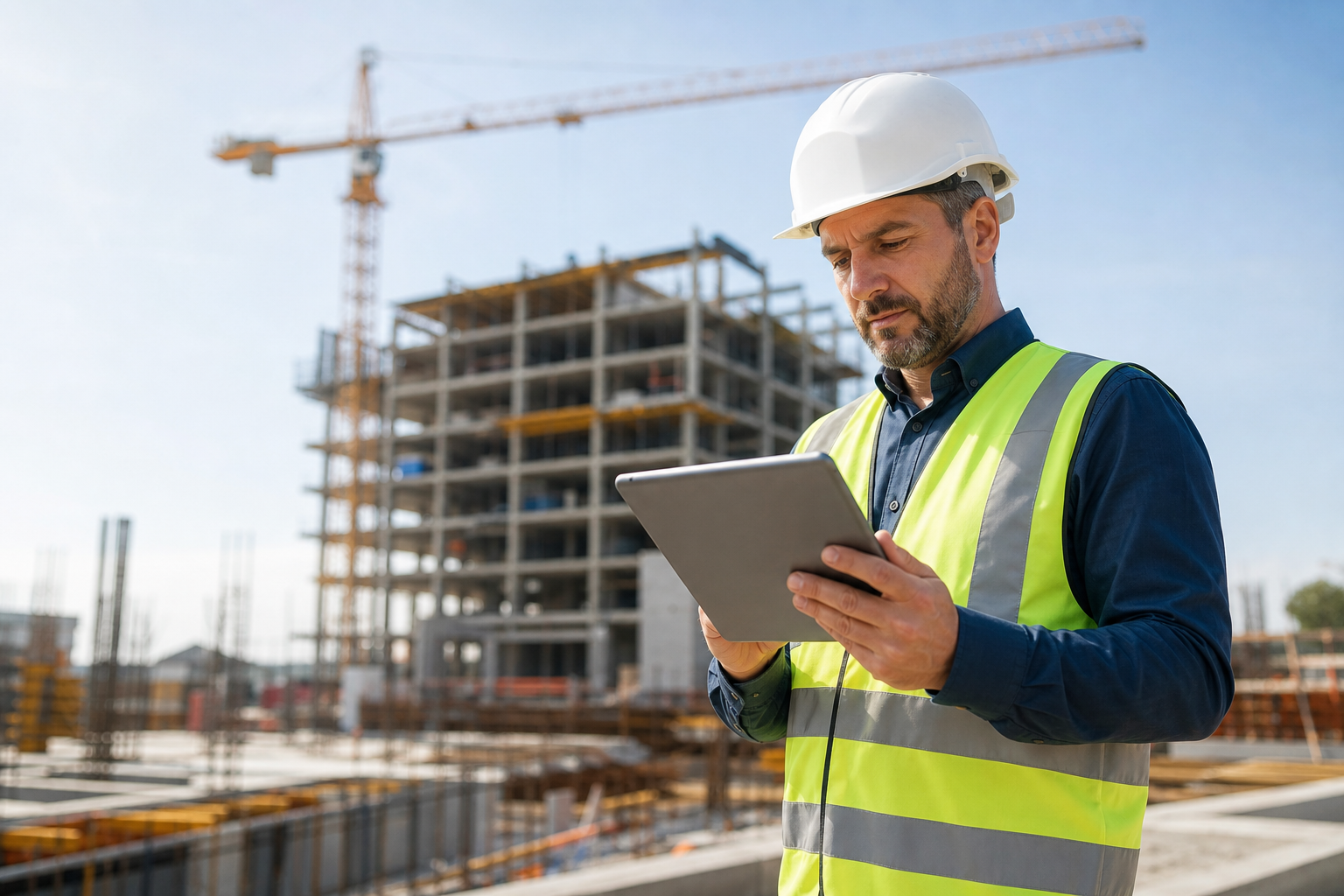 Construction project team tracking budgets and schedules in ERP software