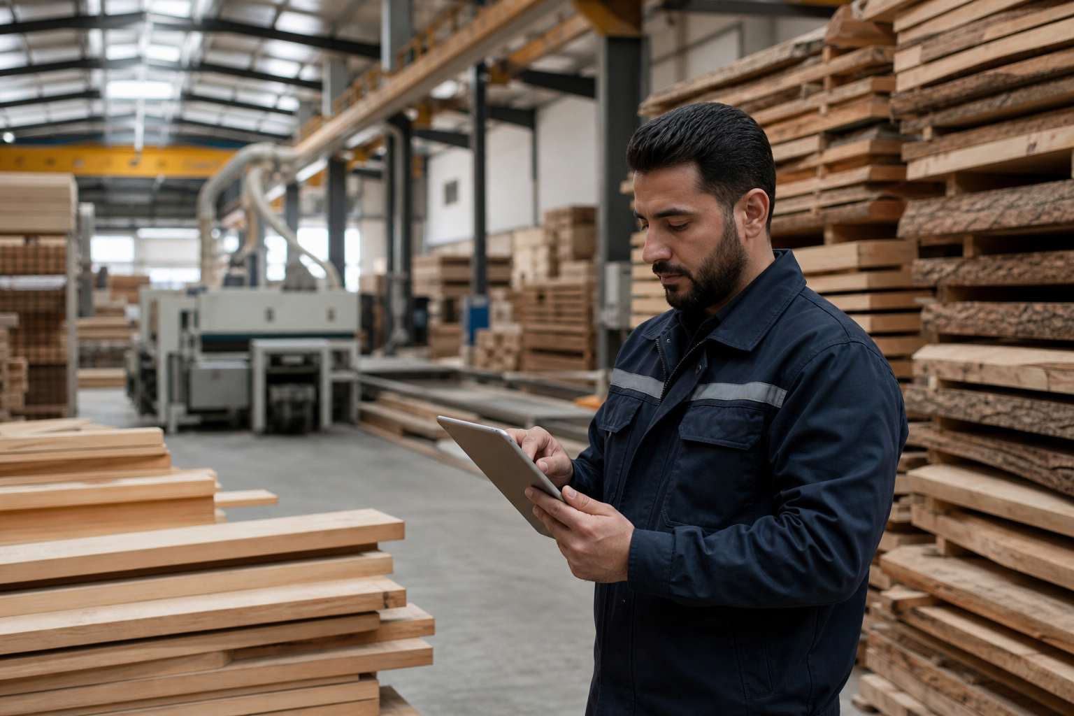 Wood factory managers using ERP dashboards for production planning