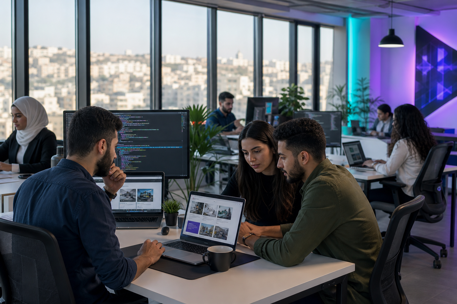 Software development team building websites in a modern Jordan office